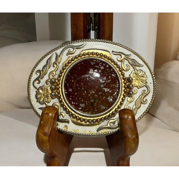 Vtg Ornate Polished Agate Western Cowboy Belt Buckle Gold & Cream Enamel - Picture 1 of 8